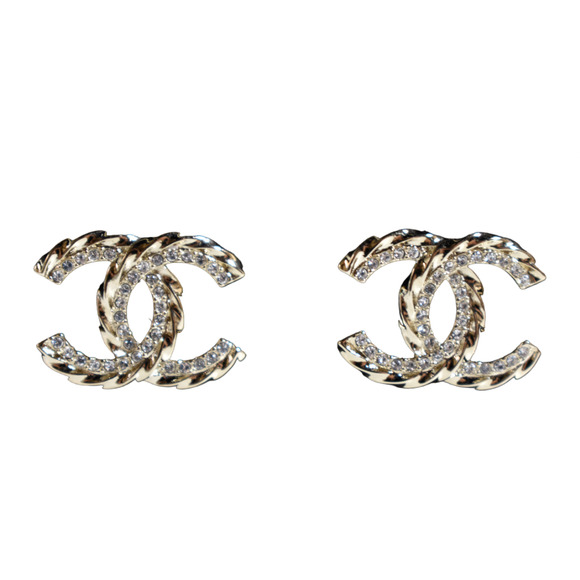 Chanel 23B Gold Crystal Interlocking CC Logo Classic Statement Stud Earrings - Picture 1 of 11